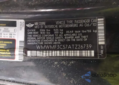 2010 Mini Cooper z USA, uszkodzony, nr VIN WMWMF3C57ATZ26739